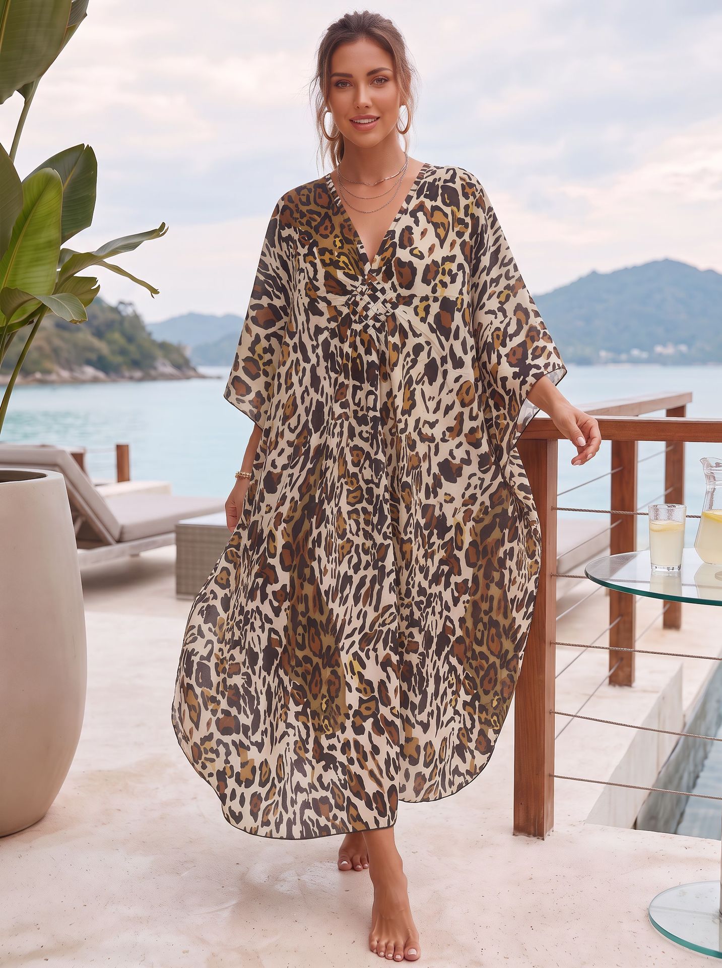 Leopard Print Front-woven Rayon Beach Cover-up For Women, Suitable For Seaside Vacations, Foreign Trade