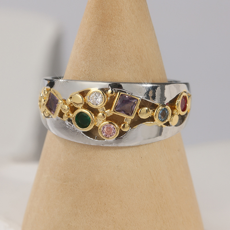 Vintage Multicolore Bijoux Bicolore Large Bague Laiton Femmes Déclaration Fête Élégant Bijoux de Mode Anniversaire Quotidien