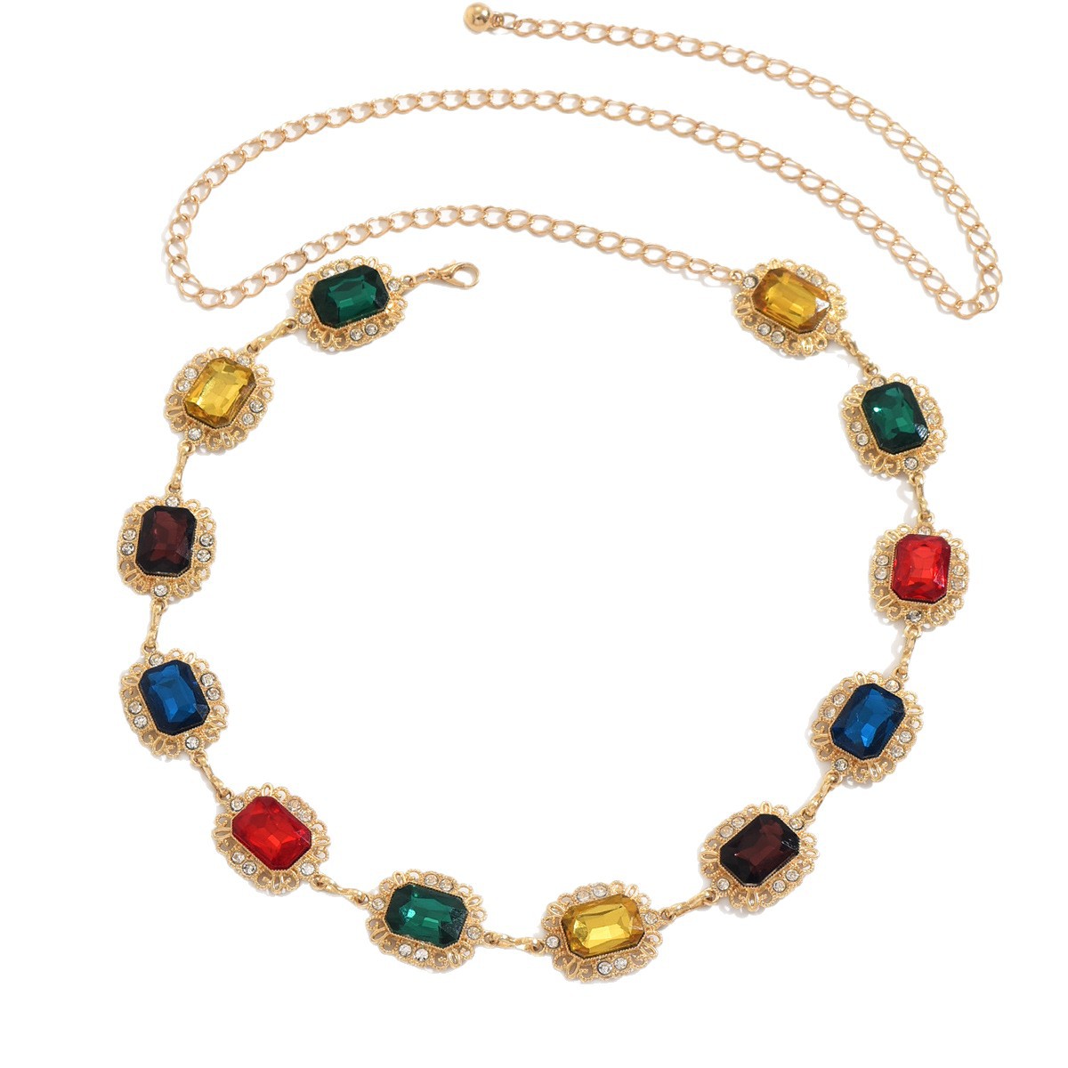 French Retro Palace-Style Colorful Crystal Geometric Waist Chain, Fashionable Niche High-End Sweet And Exaggerated Body Chain For Women