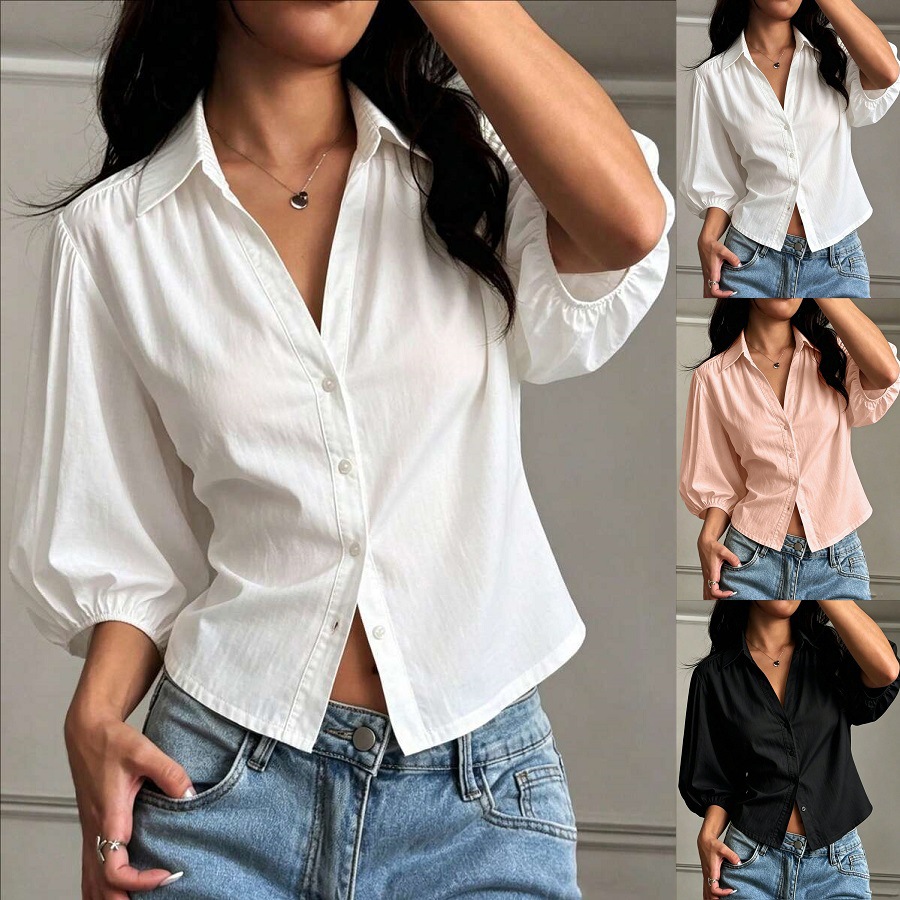 Cross-Border European And American Women's Clothing Amazon Autumn New Petal Sleeve Lapel Single-Breasted V-Neck Short Shirt