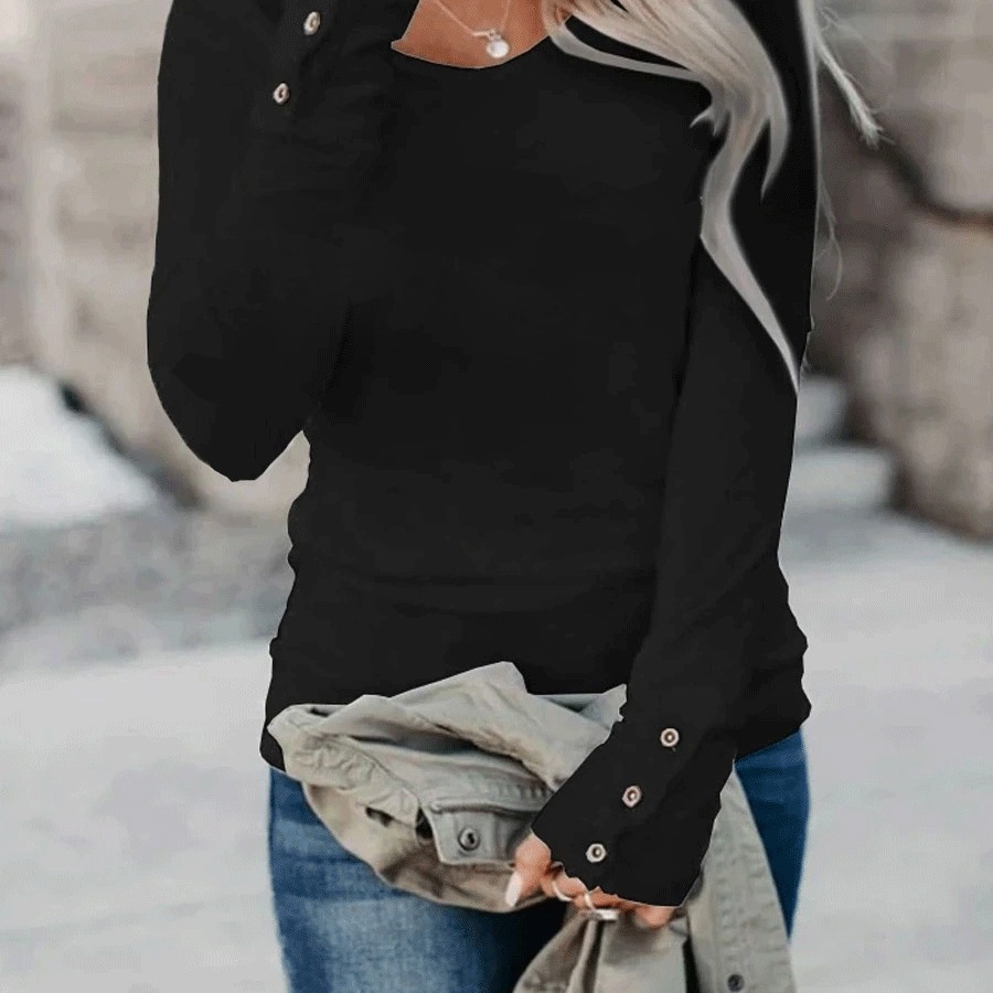 Women Solid Long Sleeve T Shirt Crew