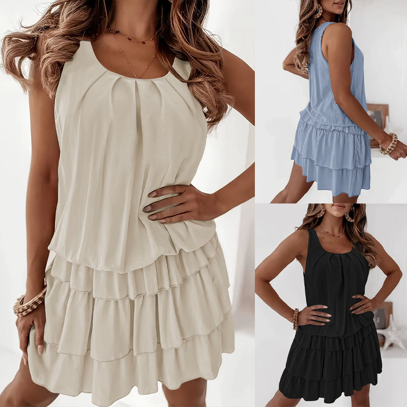 Plus-Size Foreign Trade Spring Summer U-Neck Tiered Dress With Multiple Layers Of Ruffles, Sleeveless Dress For Women