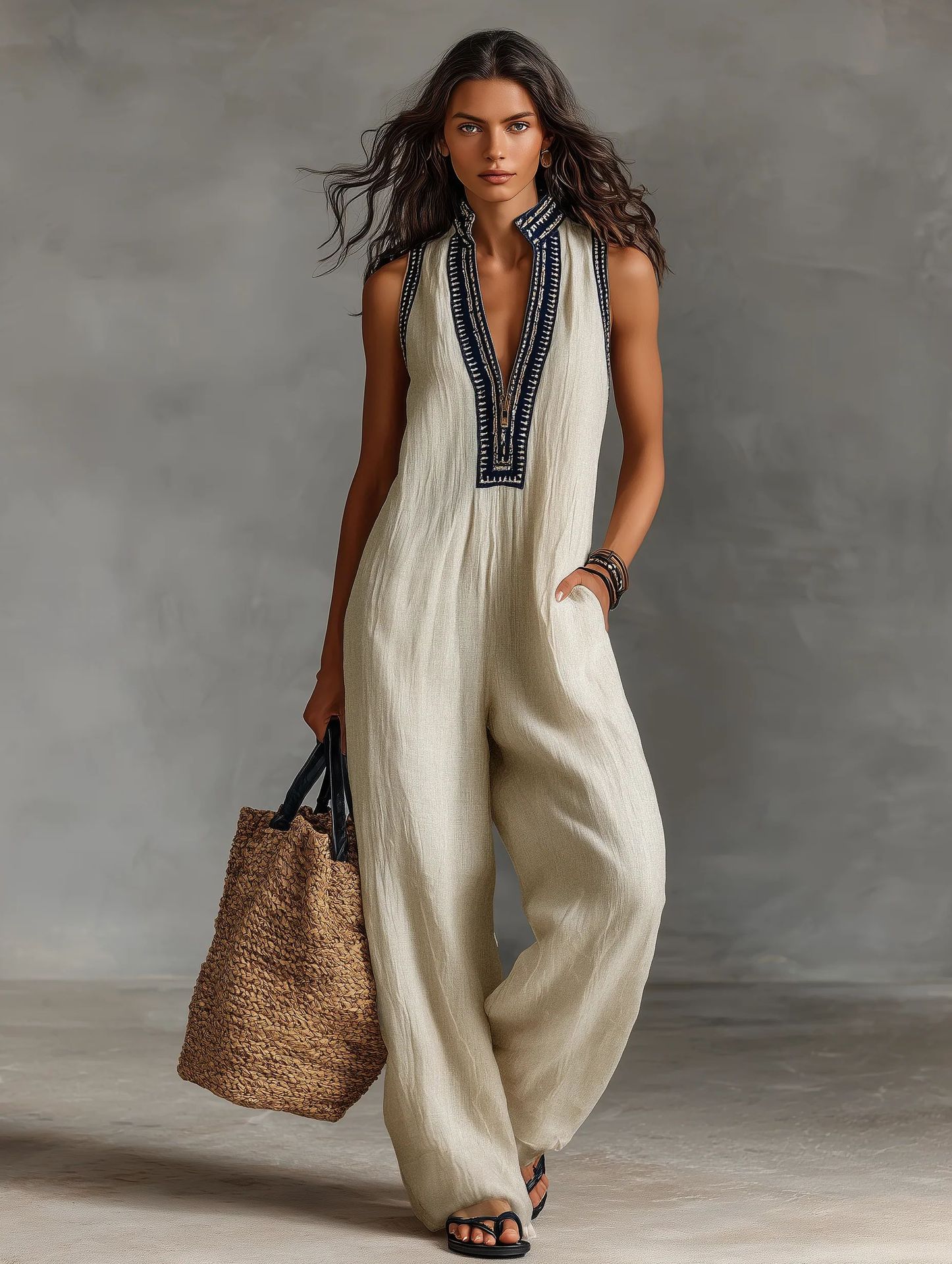 2026 European And American Cross-Border Women's Simple Linen Blend Sleeveless Jumpsuit With Zipper And Stand Collar, Decorated With Prints