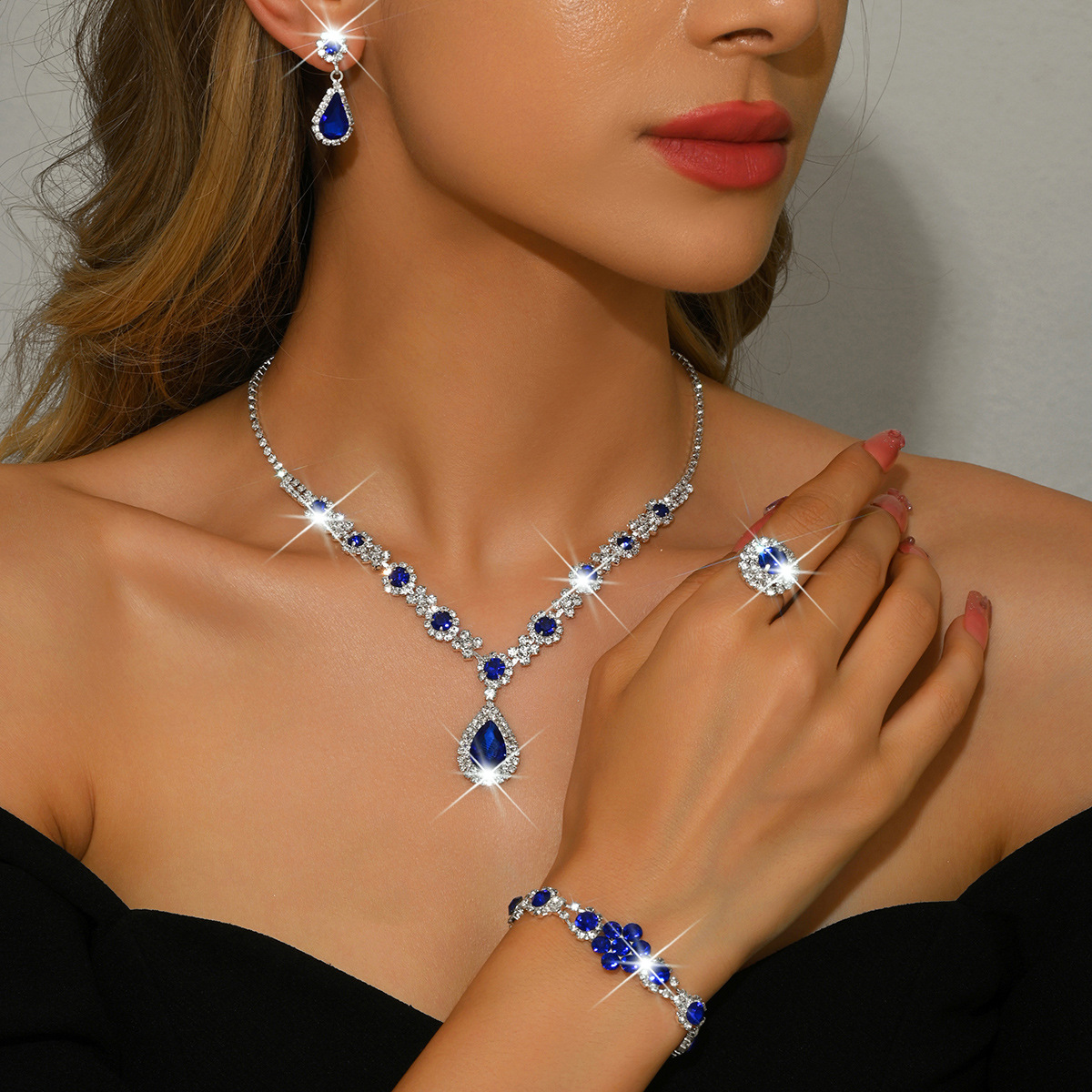 Cross-Border New Heavy-Duty Super Flash Water Drop Pendant Necklace Earrings Ring Bracelet Set Fashion Light Luxury Wedding Jewelry product image