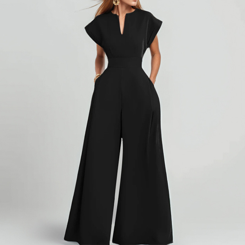 Summer New Style Cross-Border European And American Foreign Trade Women's Clothing Fashionable Commuter V-Neck Waist-Cinching Solid Color Wide-Leg Jumpsuit — image 6 of 7
