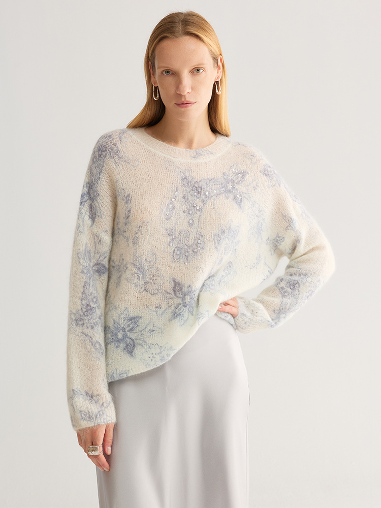 Rhinestone Embellished Floral Mohair-Blend Pullover Sweater
