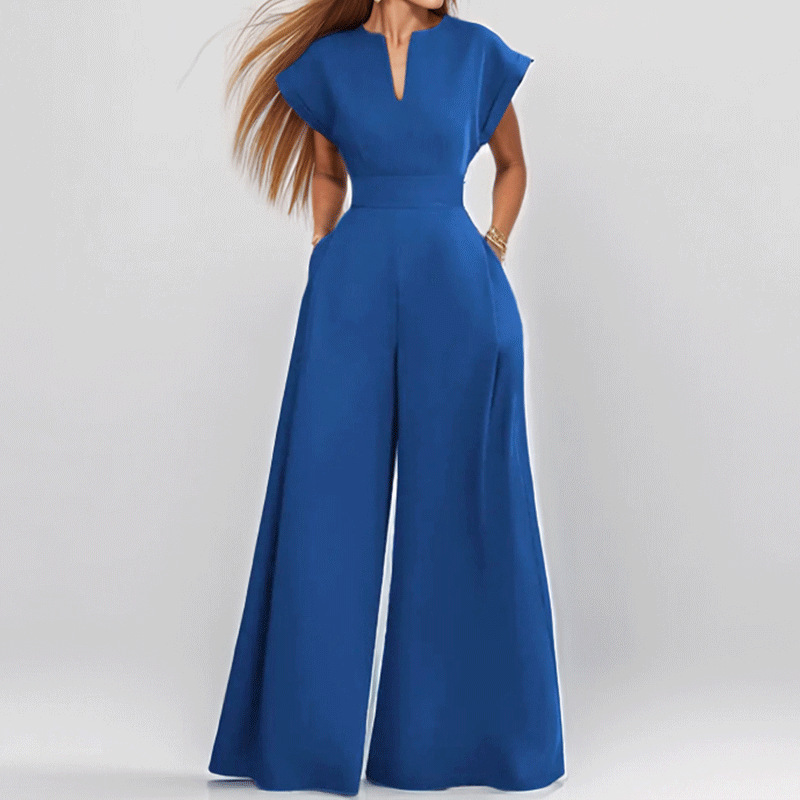 Summer New Style Cross-Border European And American Foreign Trade Women's Clothing Fashionable Commuter V-Neck Waist-Cinching Solid Color Wide-Leg Jumpsuit — image 3 of 7