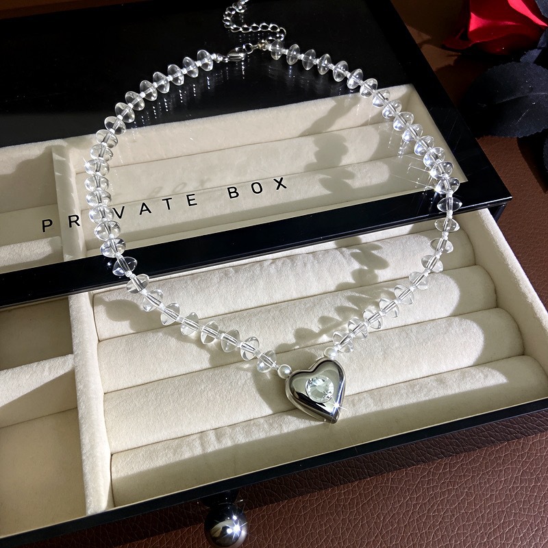 White Crystal Beaded Heart Pendant Clavicle Chain Necklace Women Neck Jewelry For Daily Dating Banquet Party Occasions