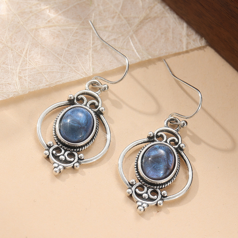 Vintage Blue Oval Stone Drop Earrings Silver
