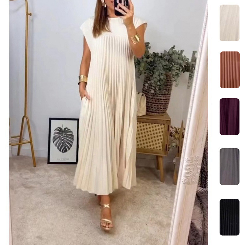 2026 New Summer Women's Clothing, Cross-Border European And American Dresses, Elegant And Fashionable Round Neck Sleeveless Pleated Long Dress