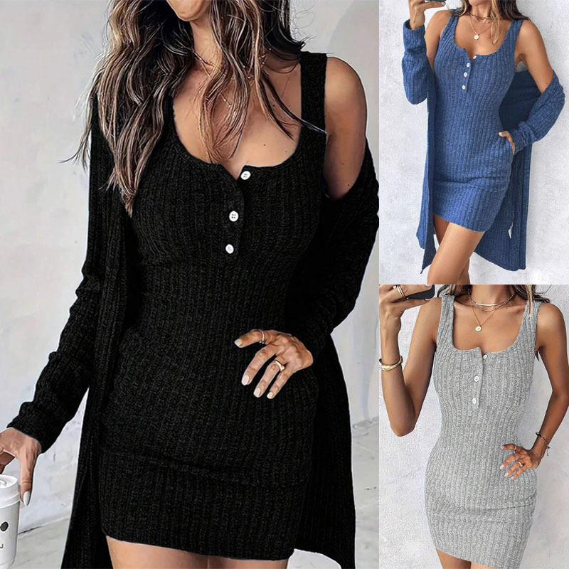 2026 Autumn And Winter Dress And Jacket Two-Piece Set, Sexy Slim-Fit Solid Color Ribbed Tank Dress For Women