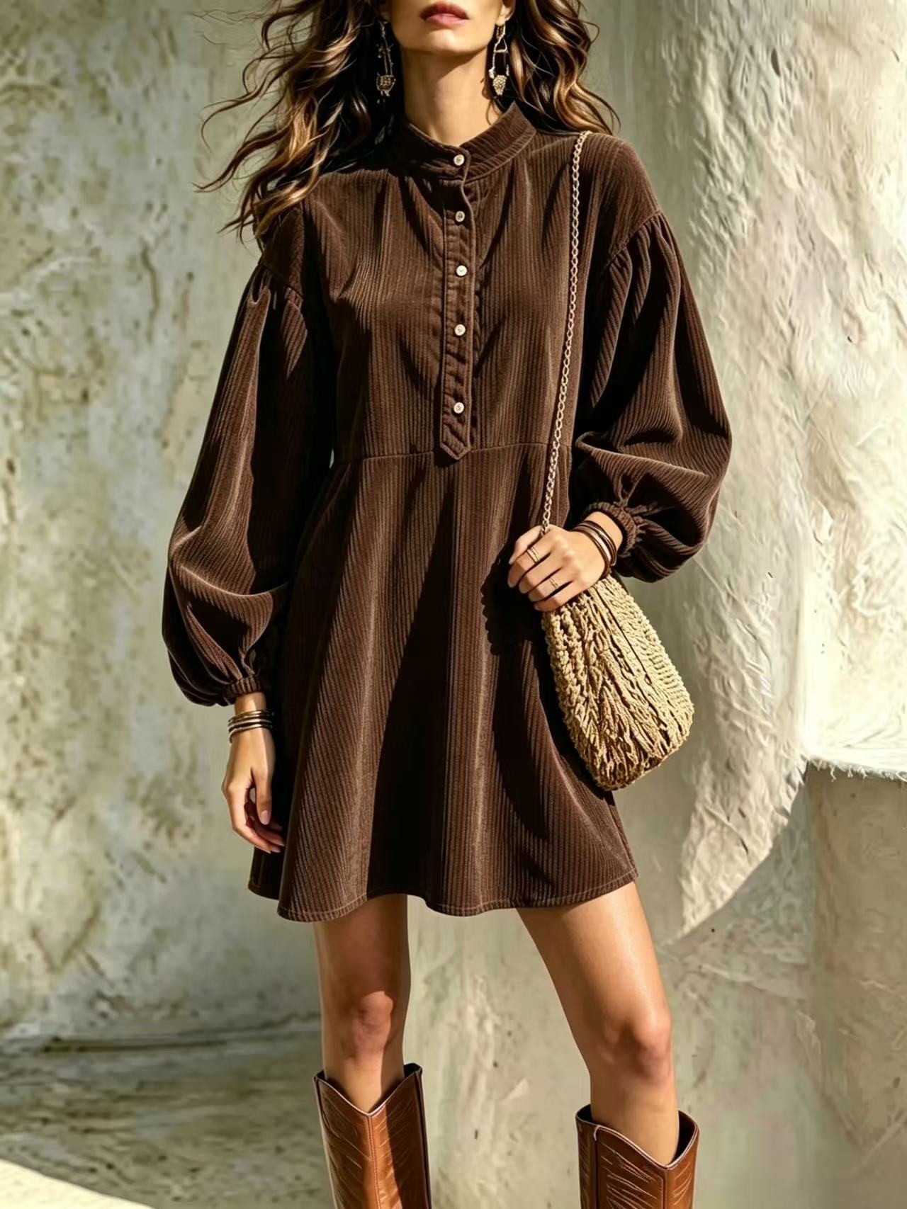 Hot Cross-Border Sale 2026 Fall Winter European And American New Women's Fashion Vintage Corduroy Dress With Stand Collar And Lantern Sleeves