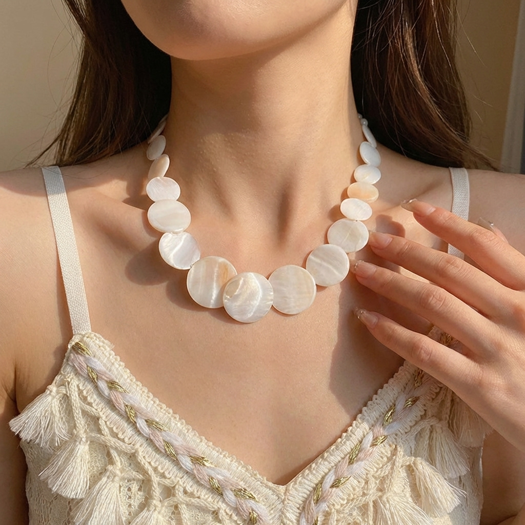 Womens Boho Round Gradient Shell Disc Choker