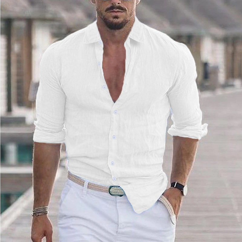 2026 New Men's Summer Cotton And Linen Lapel Beach Shirt Long-Sleeved Solid Color Hawaiian Holiday Clothing Loose Fit