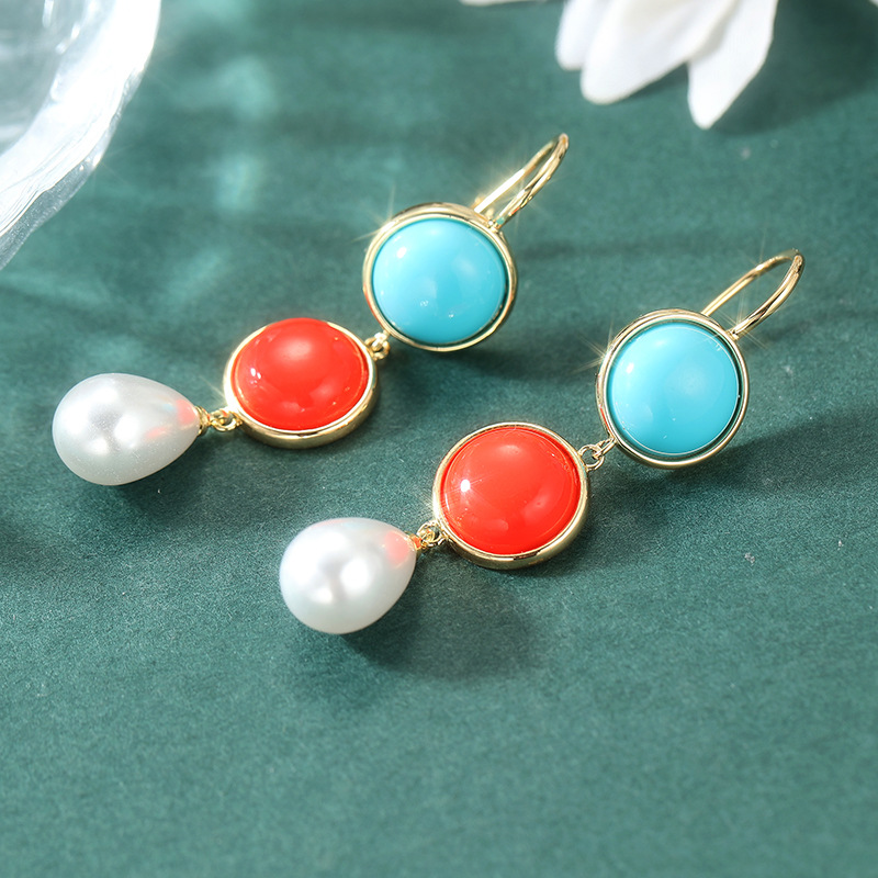 Boucles d'oreilles ornées de perles bleues et orange colorées Laiton doré Femmes Élégant Bijoux de mode de fête Polyvalent