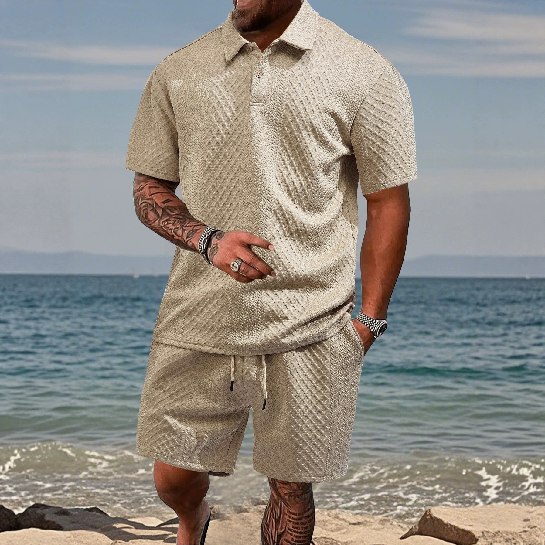 European And American Cross-border Men's Summer Thin Loose Breathable Casual Solid Color Jacquard Lel Short-sleeved Men's Polo Shirt