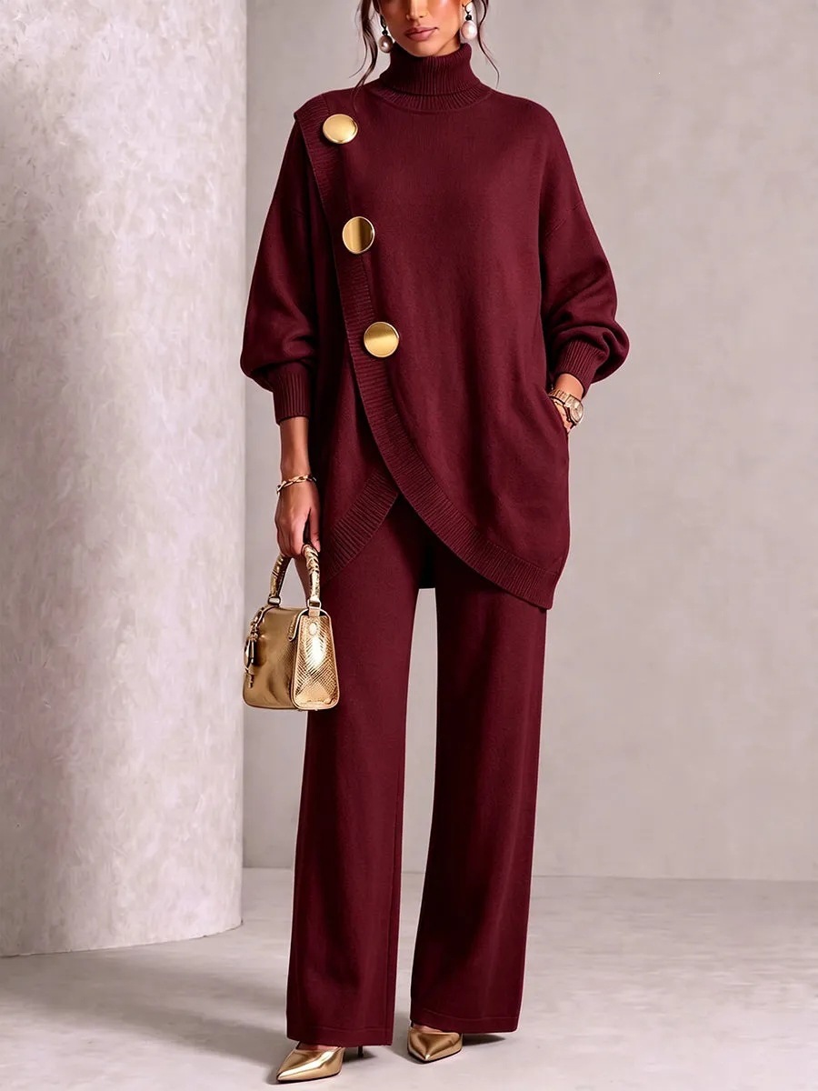 Women's Knitted Outfit, Elegant Commuter Turtleneck With Irregular Gold Buttons & Loose Wide Leg Pants 2 Piece Set