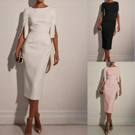 2025 New European And American Amazon Cross-Border Spring And Summer Pure Color Work Clothing Beaded Slim Elegant Dress For Women