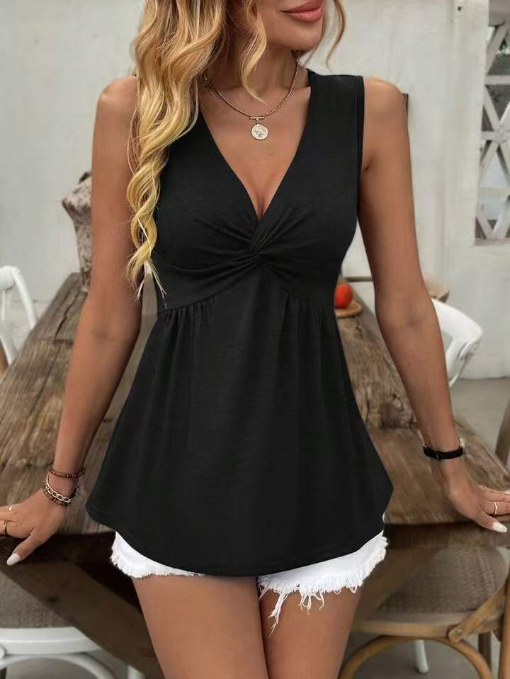 2026 European And American Sleeveless V-neck Design With A Twisted And Wrinkled Chest, Waist Cinching Vest, Women's T-shirt