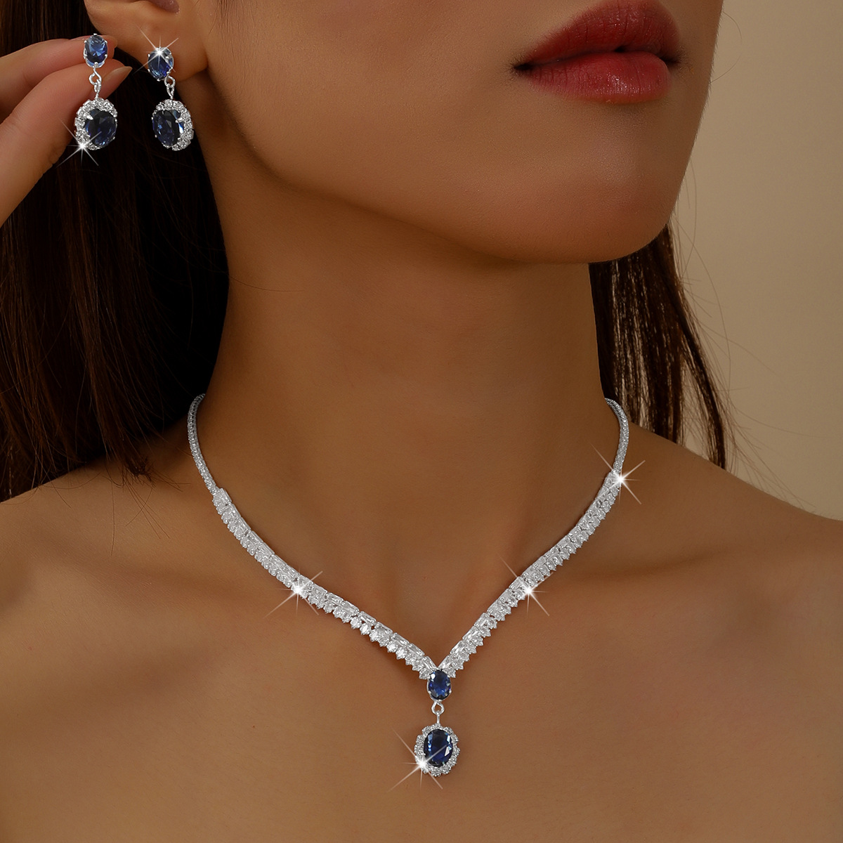 Jewelry Zircon Necklace Earrings Two-Piece Set European