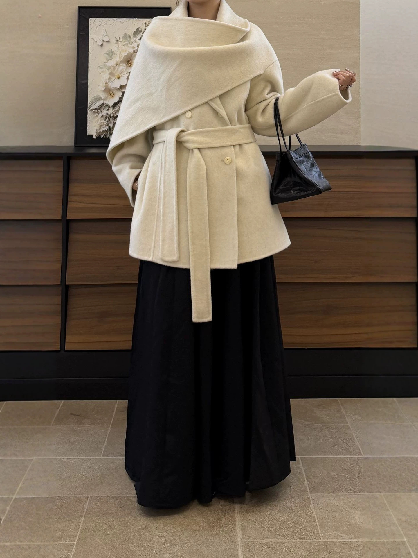 Asymmetric Cape Collar Wool Belted Short Coat