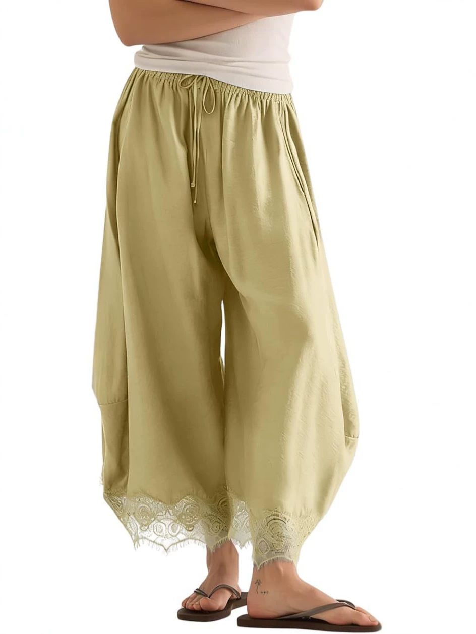 Women Linen Blend Wide Leg Pants, Elastic High Waist Drawstring Cropped Trousers, Lace Hem Loose Casual Pants With Pockets