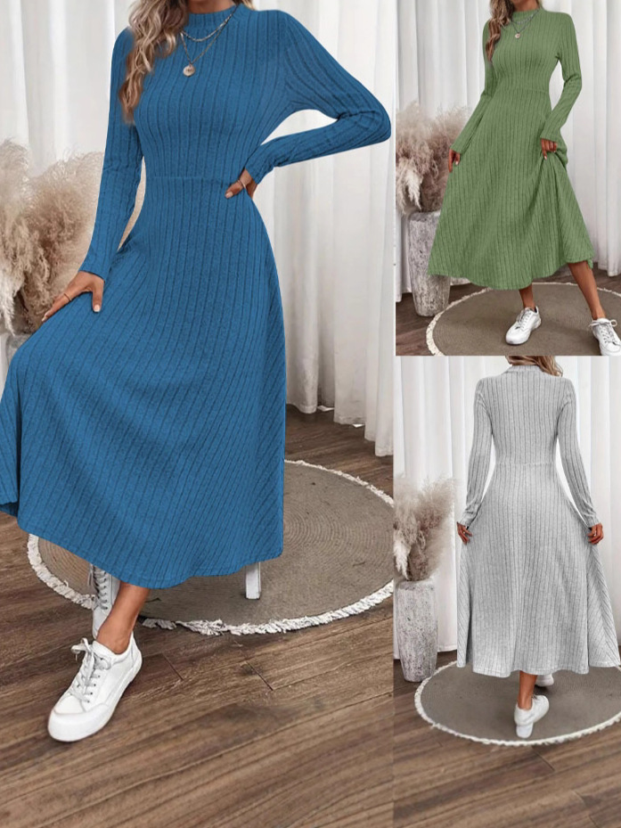 Autumn And Winter Brushed Pit Dress Fashionable And Elegant Pure Color Round Neck Dress