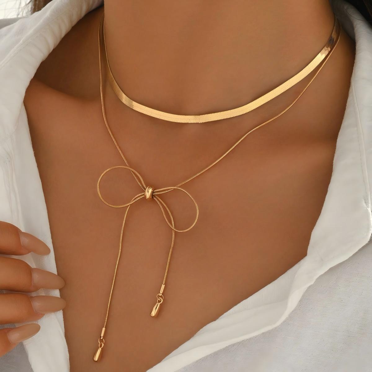 Womens Layered Bow Teardrop Choker Necklace, Decorative
