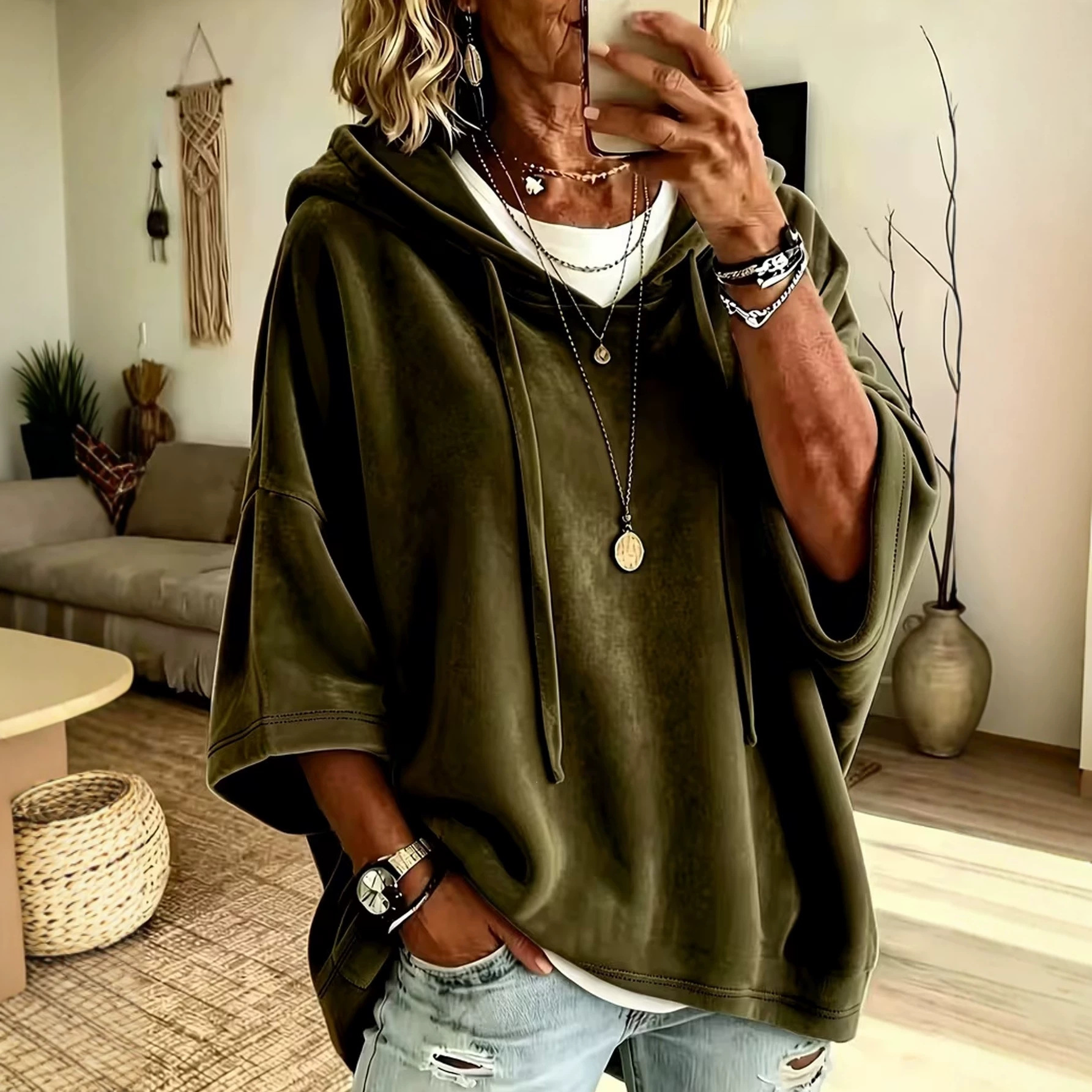 New European And American Amazon Cross-Border Autumn Winter Women's Solid Color Casual Gold Velvet Hooded Sweatshirt Top — image 9 of 13