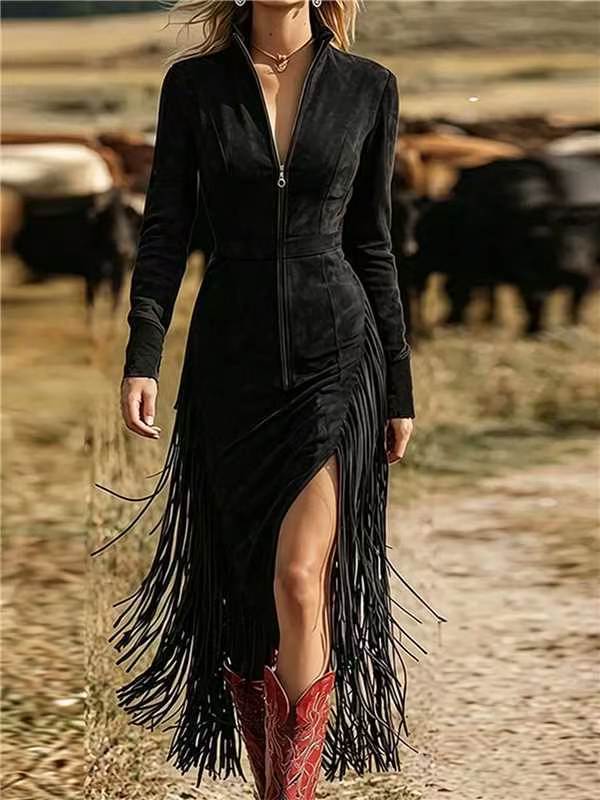 Women's Faux Suede Western Cowgirl Maxi Dress, Long Sleeve Zip Front High Slit Fringe Slim Fit Fall Party Dress