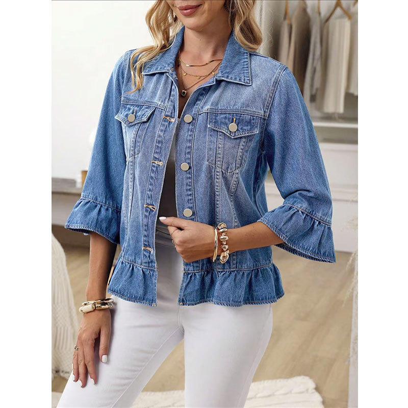 Exclusive Cross-border Supply Of Ruffled Denim Jacket For Women, Cropped Jean Jacket With Bell Sleeves, Sweet Style Outerwear product image