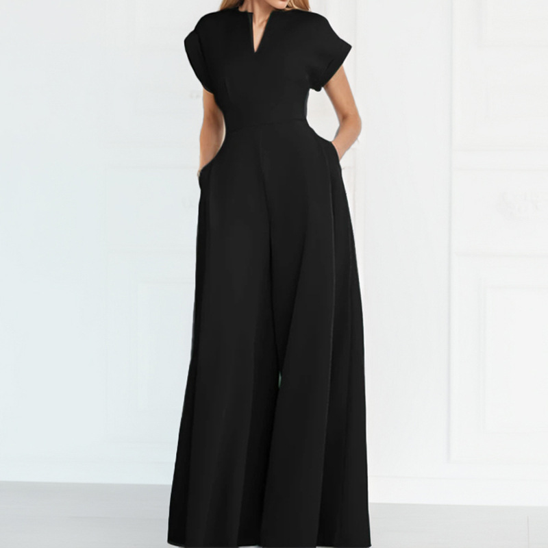 Summer New Style Cross-Border European And American Foreign Trade Women's Clothing Fashionable Commuter V-Neck Waist-Cinching Solid Color Wide-Leg Jumpsuit — image 7 of 7