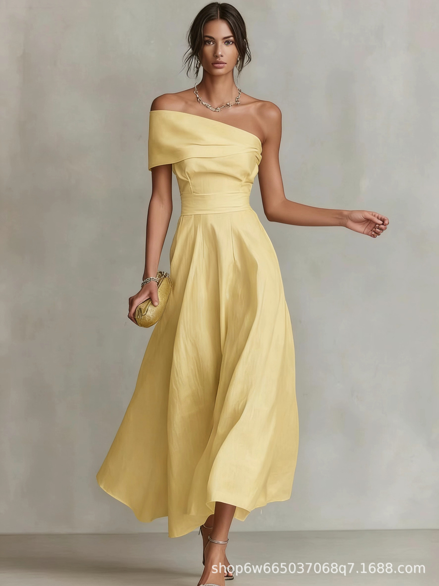 Women's Solid Color One Shoulder Backless Dress Elegant Waist Cinched Midi Dress