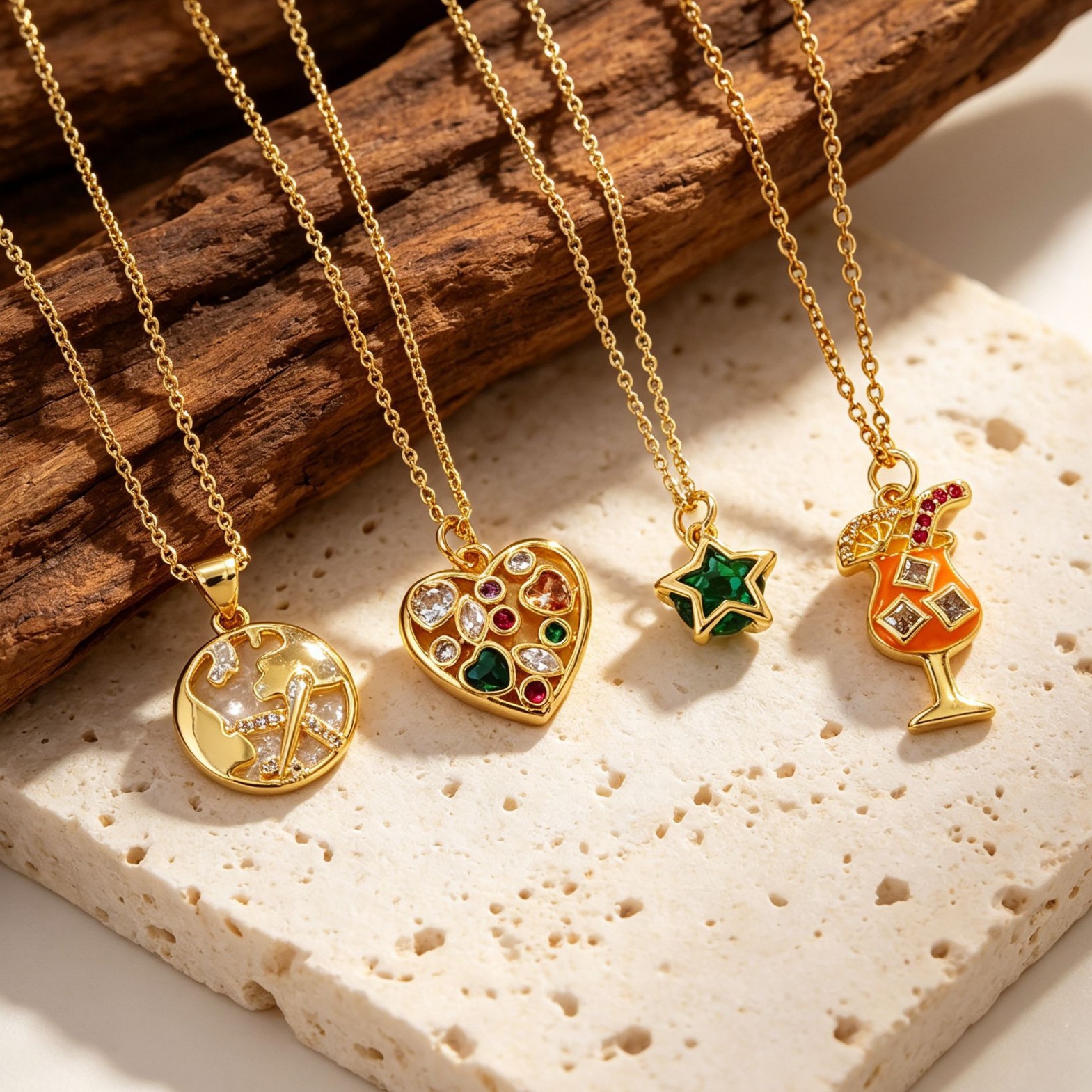 Vintage 18K Gold Plated Brass Pendant Necklace Crystal Heart Star Cocktail Charm Jewelry For Women product image