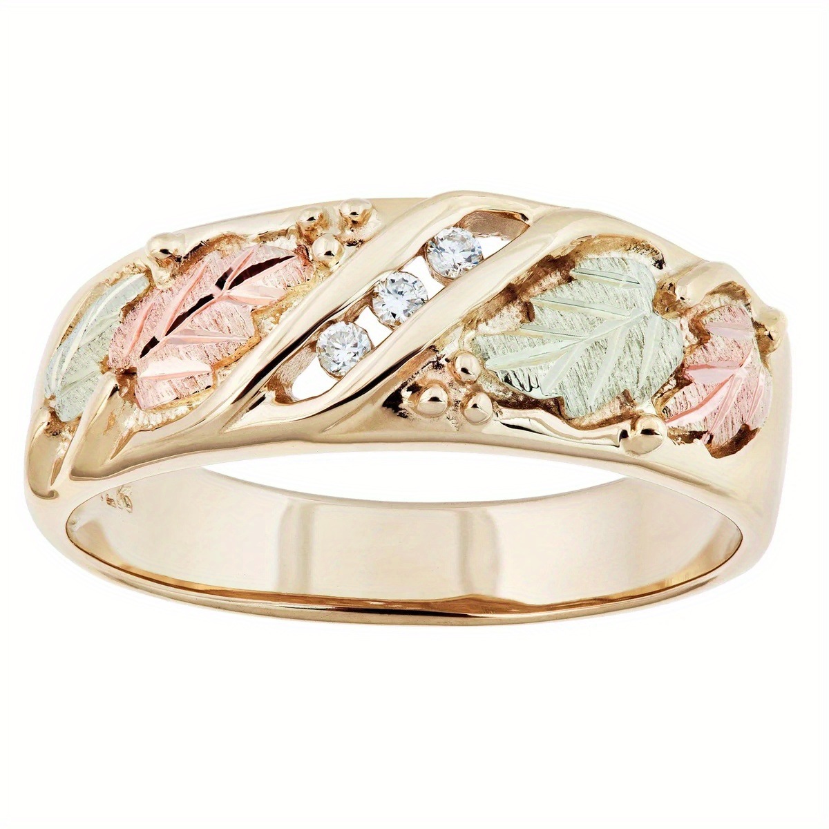 Vintage Tri Color Leaf Crystal Ring Gold Tone Brass Women Elegant Botanical Party Fashion Jewelry