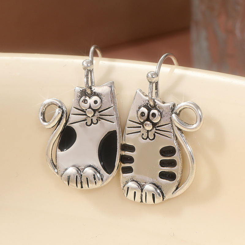 Vintage Cat Drop Earrings Silver Tone Brass
