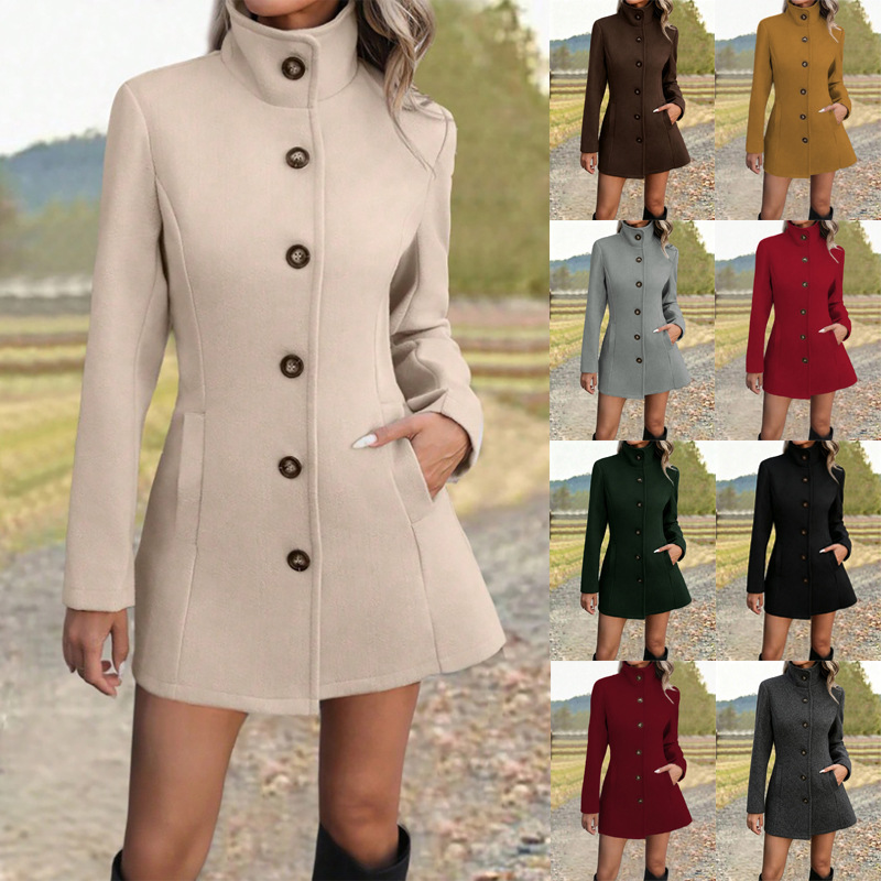 Women Stand Collar Woolen Coat, Single Breasted Long Sleeve Slim Fit Mid Length Winter Outerwear With Pockets