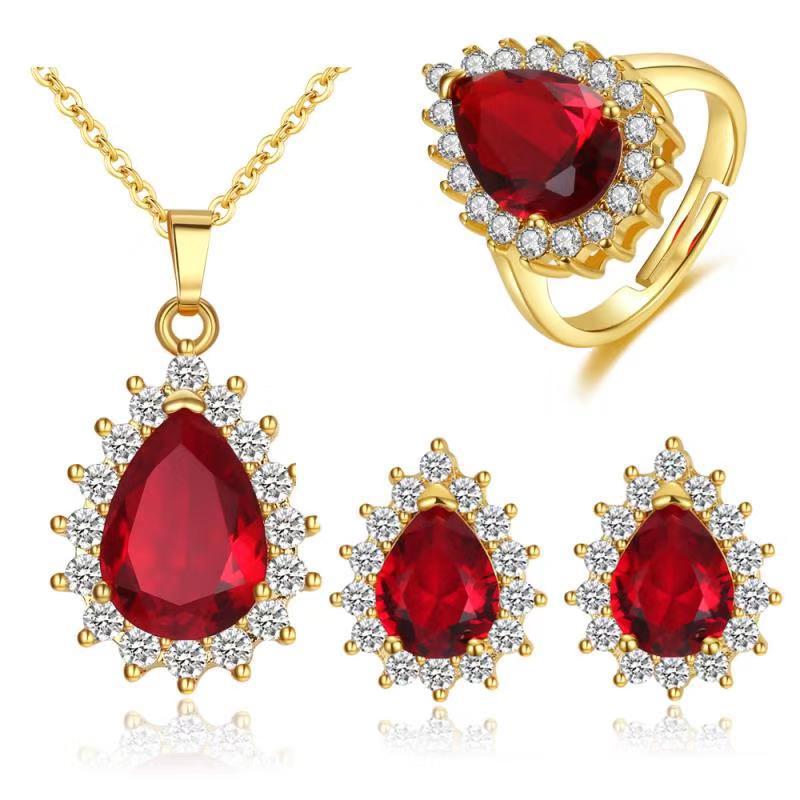 European And American Personality All-match Design Sense Women's Jewelry Set Micro-inlaid Drop-shaped Red Zircon Jewelry Three-piece Set