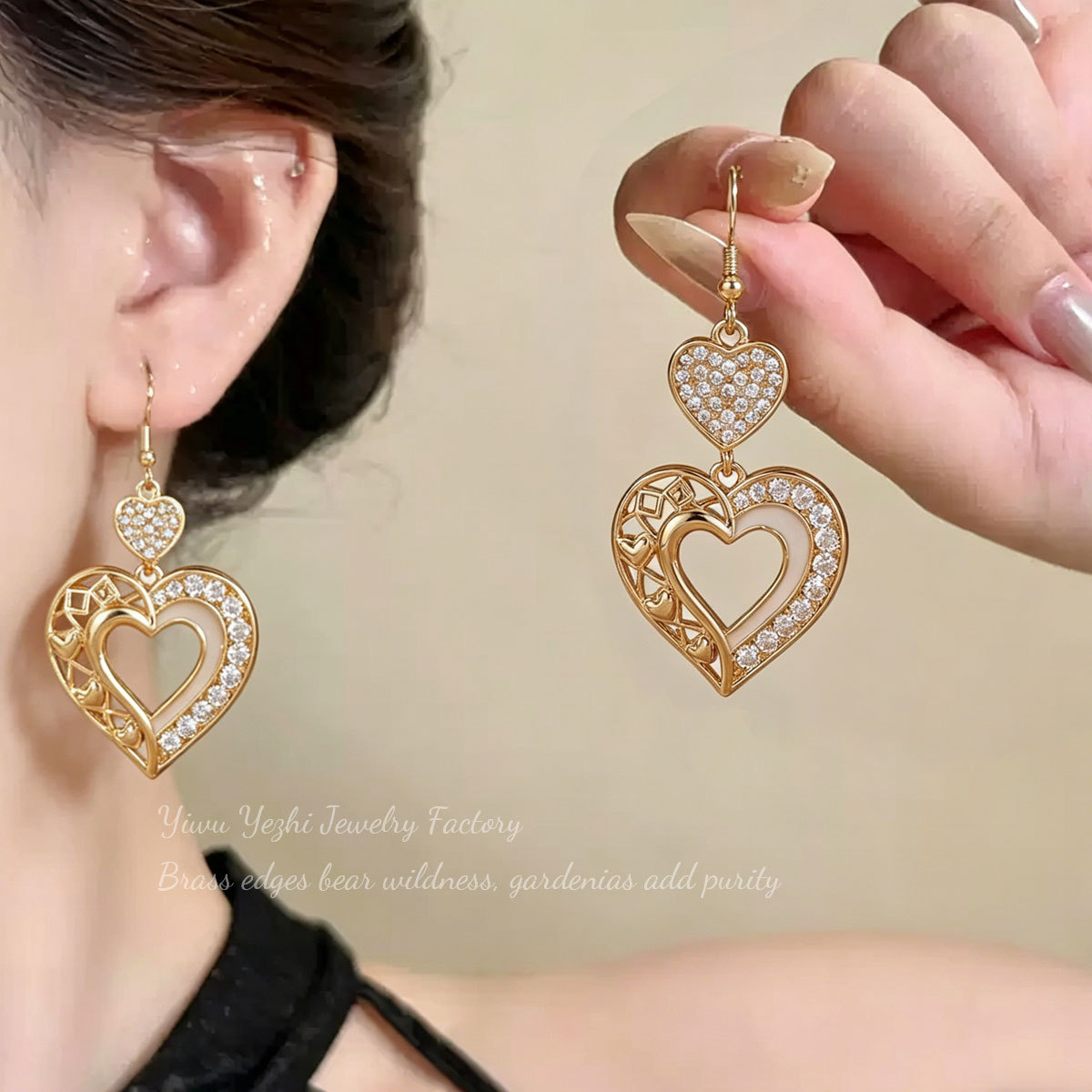 Cross-Border Hot-Selling Fashion Luxury Heart-Shaped Earrings With Micro-Inlaid Oil-Drip Design, Double Heart Ear Hooks, Elegant High-End Earrings Wholesale