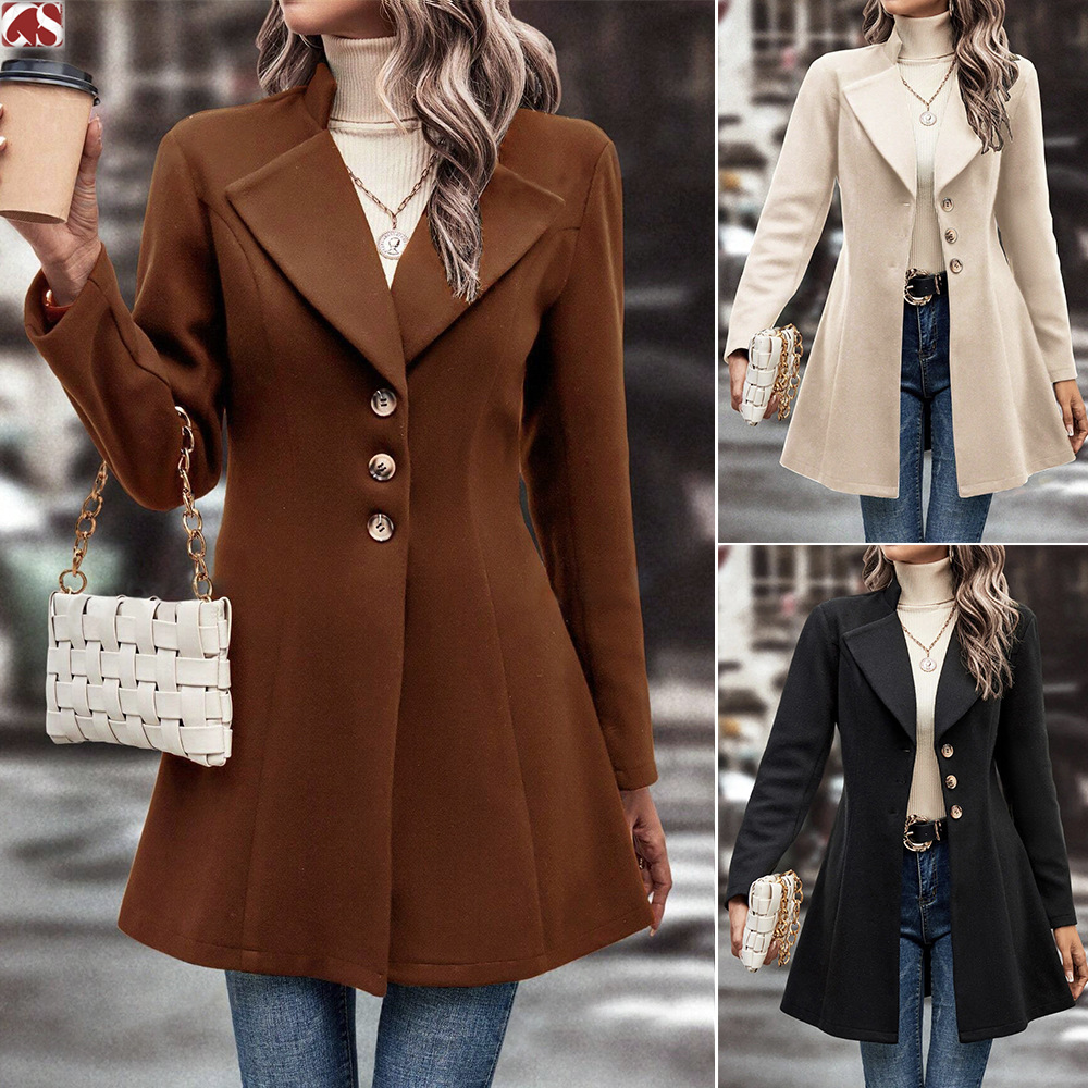 European And American Foreign Trade Hot-Selling Amazon Cross-Border Women's Autumn And Winter Lapel Slim-Fit Woolen Solid Color Stylish And Elegant Coat