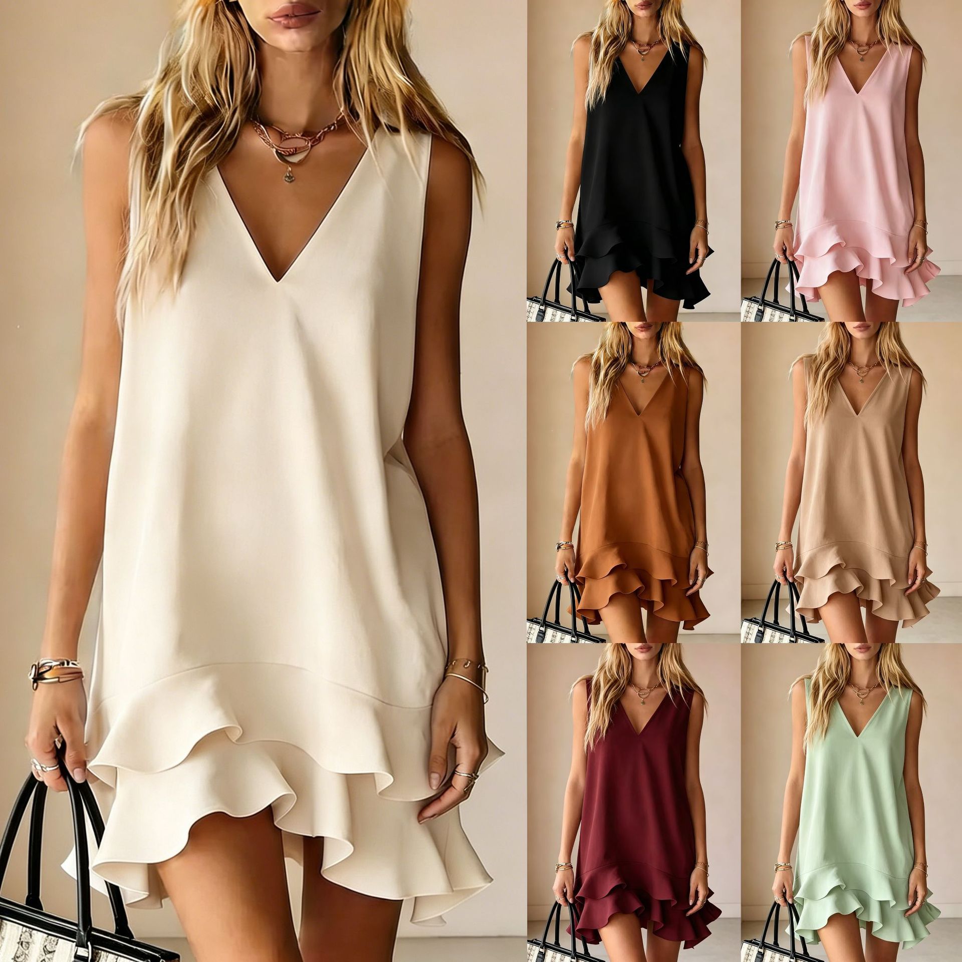 2026 New European And American Style Internet Celebrity Hot-Selling  Cross-Border V-Neck Sleeveless Loose Ruffle Dress