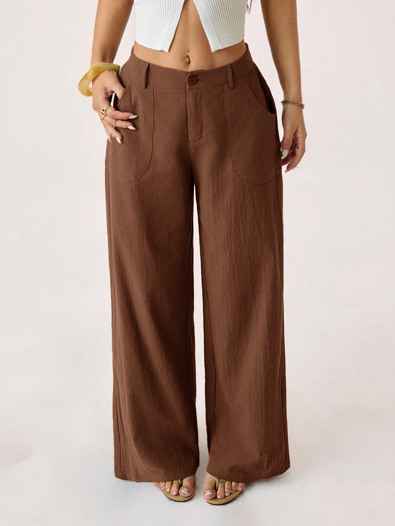 2026 New Style Women's Cotton Linen Wide Leg Pants, Mid Rise, Casual And Commuter Style, Solid Color With Pockets