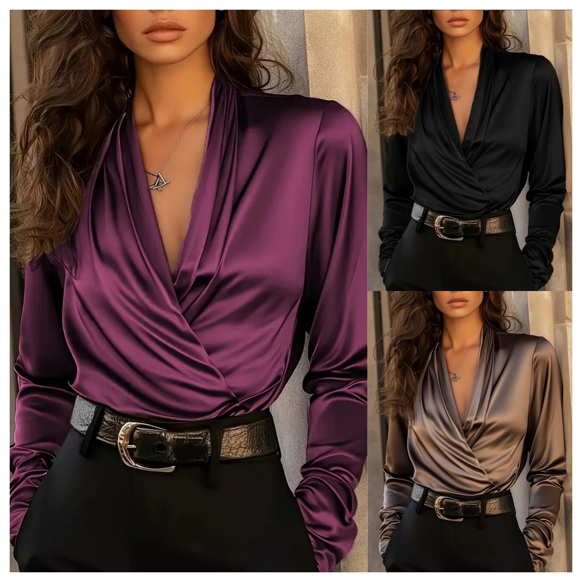 European And American Amazon Independent Site Autumn High-End Professional Style Satin V-Neck Design Versatile Top For Women