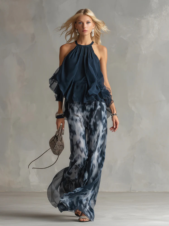 Navy halter top and printed palazzo pants set, additional product reference image 4