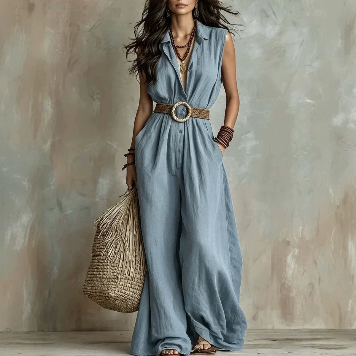 European And American Women's Fashion Cross-border Summer New Loose V-neck Sleeveless Solid Color Casual Elegant Buttoned Women's Jumpsuit