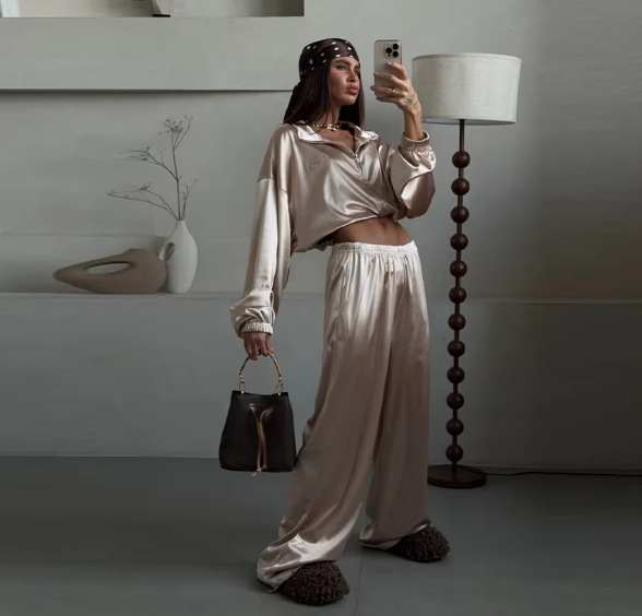 2026 Europe And The United States Cross-border Women's Clothing Spring And Summer New Fashion Trend Loose Sweater Coat Wide Leg Trousers Sports Suit 8