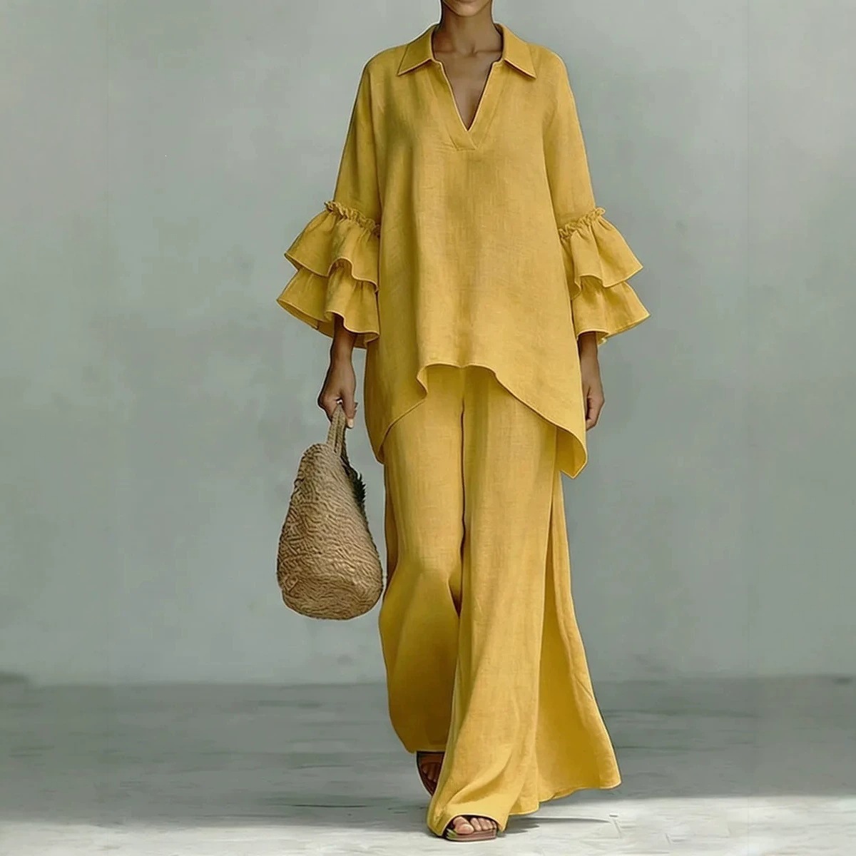 Women Casual Matching Set Lapel V Neck Ruffle 3 4 Sleeve Irregular Tops Wide Leg Long Pants 2 Piece Tracksuit Outfits