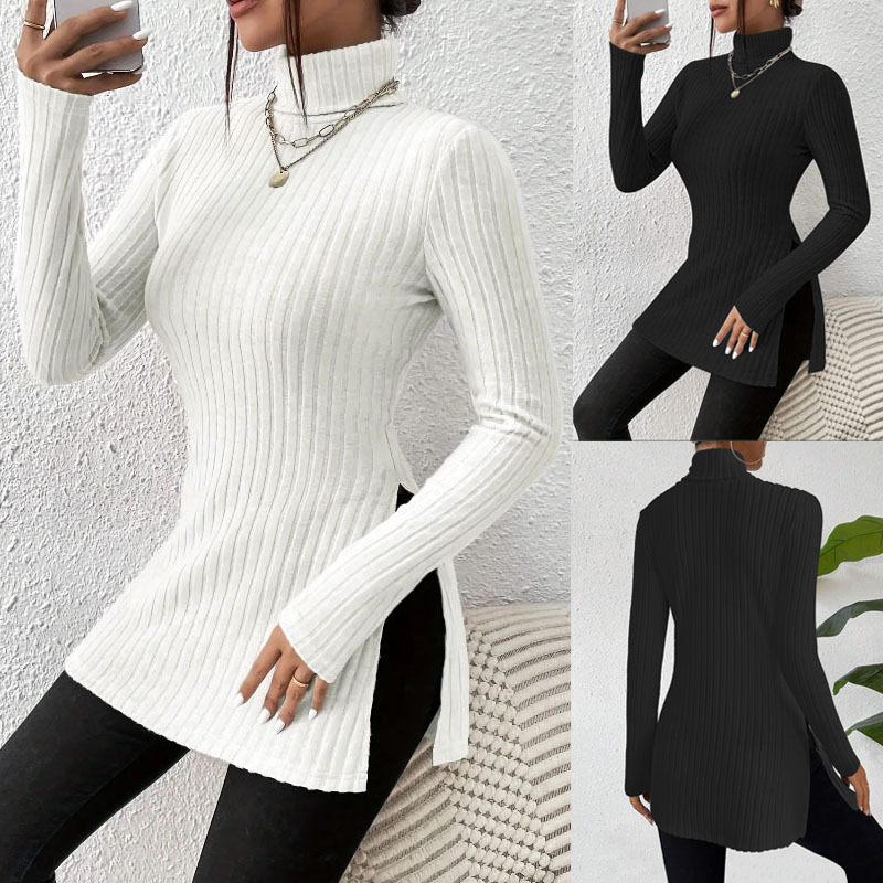 Women's Plus-Size High-Neck Pullover With Slit, Slim-Fit Base Shirt, Ribbed Mid-Length Solid Color Top