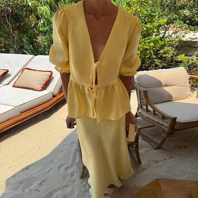 European And American Cross-Border Women's Clothing 2025 Summer New Fashion Puff Sleeve V-Neck Tie-Up Top High-Waisted Skirt Set 1