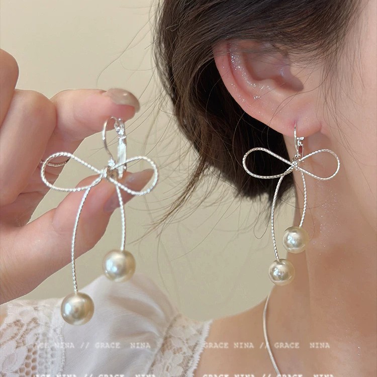 Women Bow Pearl Tassel Stud Earrings, Fashion